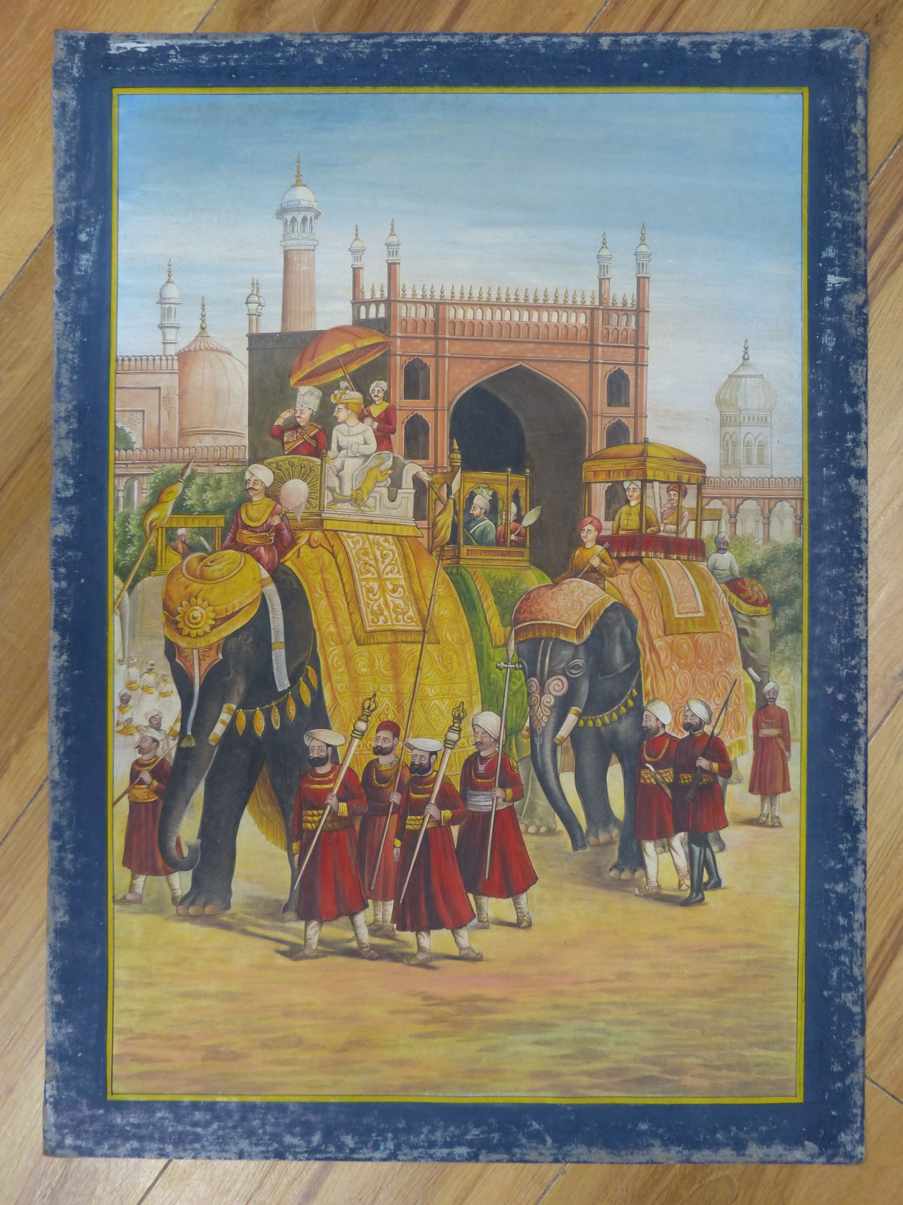 Company School, watercolour, English nobles seated in howdahs in procession, 49 x 34cm, unframed